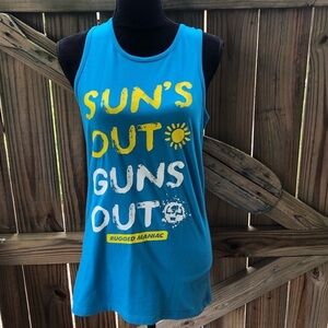 Blue Sleeveless Athletic Tee “Suns Out Guns Out”